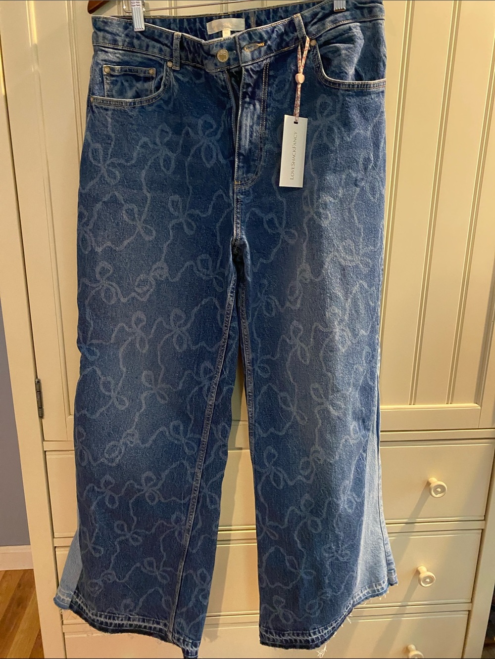 LoveShackFancy Women's Blue Patterned Wide-Leg Jeans